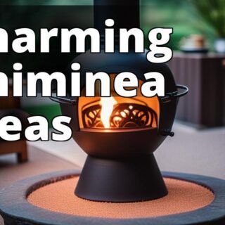 A picture of a beautifully designed and decorated outdoor space with a chiminea as a centerpiece.
