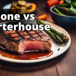 A sizzling cooked T-Bone and Porterhouse steak on a plate with a fork and knife beside it and a side