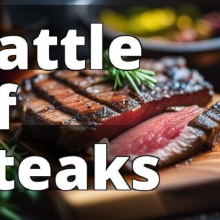 A sizzling piece of grilled skirt steak and flank steak on a wooden board with various seasonings an