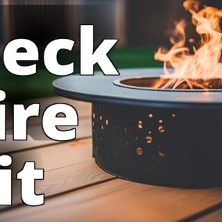 An image of a fire pit on a deck with a spark screen and fireproof mat underneath it.