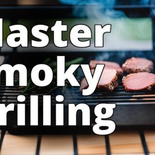 An image of a gas grill with a smoker box filled with soaked wood chips placed on one side of the gr