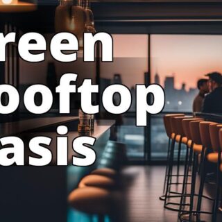 An image of a modern rooftop bar with a sustainable design and a cozy atmosphere. Customers are enjo