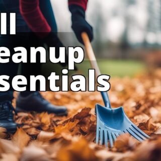 An image of a person raking leaves in a yard while wearing gloves and a hat. The background should s