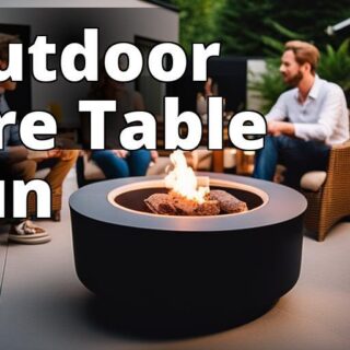 An image showing a well-designed fire table in a backyard setting with people gathered around it. Th